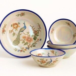 CT Altwasser Silesia peacock floral bowl set cobalt rim antique German porcelain